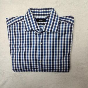 Hugo Boss Shirt Mens 16.5 Blue Gingham Slim Spread Collar Dress Long Sleeve
